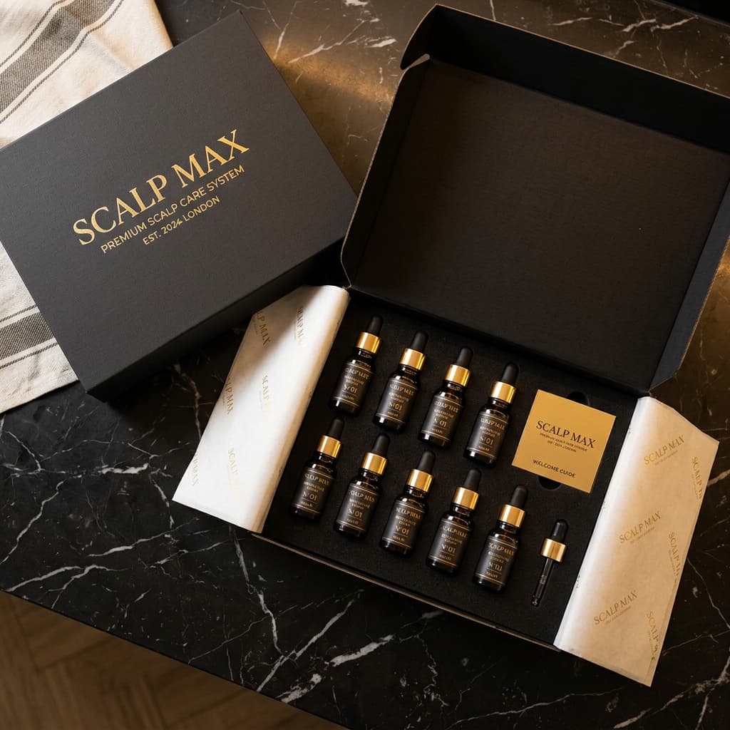 SCALP MAX premium unboxing — 12 therapy bottles in luxury box